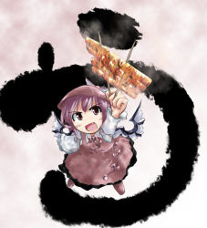 Rule 34 | 1girl, brown hat, fang, female focus, food, from above, hat, koto (keioteo), looking up, lowres, mystia lorelei, open mouth, pink hair, short hair, skewer, solo, touhou