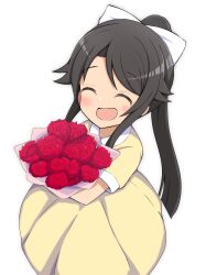 Rule 34 | 1girl, ^ ^, absurdres, aged down, black hair, bouquet, bow, closed eyes, dress, flower, hair bow, high school fleet, highres, holding, holding bouquet, long dress, long hair, midorima bocchi, munetani mashiro, open mouth, ponytail, red flower, red rose, rose, simple background, solo