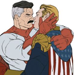 Rule 34 | 2boys, black hair, blonde hair, blue eyes, bonjourdraws, cape, colored skin, crossover, facial hair, gloves, grey hair, half-closed eyes, highres, homelander, invincible (series), male focus, mature male, multicolored hair, multiple boys, muscular, muscular male, mustache, omni-man, simple background, superhero costume, teeth, the boys, thick arms, two-tone bodysuit, two-tone hair, white background, white skin, yaoi