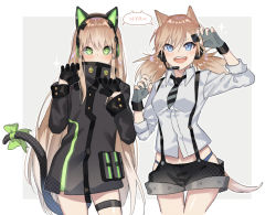Rule 34 | &gt;:d, 2girls, :d, a821, animal ear headphones, animal ears, arm up, black gloves, black shorts, blonde hair, blue eyes, blue panties, bow, brown hair, cat ear headphones, cat tail, cowboy shot, fake animal ears, fingerless gloves, girls&#039; frontline, gloves, green bow, green eyes, green ribbon, grey gloves, hair between eyes, half gloves, hands up, headphones, idw (girls&#039; frontline), jacket, long hair, looking at viewer, multiple girls, open mouth, panties, paw pose, ribbon, short shorts, shorts, sleeves rolled up, smile, sparkle, speech bubble, suspender shorts, suspenders, tail, tail bow, tail ornament, tail ribbon, teeth, thigh strap, tmp (girls&#039; frontline), twintails, underwear, v-shaped eyebrows, very long hair