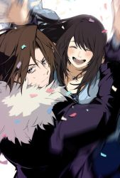 Rule 34 | 1boy, 1girl, arms up, black gloves, black hair, blurry, blush, brown eyes, brown hair, closed mouth, confetti, closed eyes, final fantasy, final fantasy viii, fur trim, gloves, hug, jewelry, long hair, lower teeth only, necklace, open mouth, rinoa heartilly, simple background, smile, squall leonhart, sweat, sweatdrop, teeth, upper teeth only, white background, yumitoriaoi