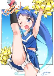 Rule 34 | 1girl, arm up, armpits, black socks, blue background, blue eyes, blue hair, blue skirt, blush, cheerleader, flying kick, gradient background, hair between eyes, highres, kantai collection, kicking, leg up, long hair, looking at viewer, multicolored background, one eye closed, open mouth, panties, pantyshot, pleated skirt, pom pom (cheerleading), samidare (kancolle), shirt, skirt, sleeveless, sleeveless shirt, smile, socks, solo, translation request, underwear, very long hair, white panties, white shirt, yokoshima (euphoria)