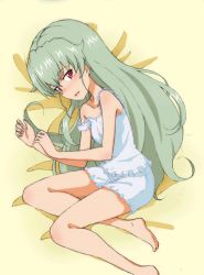 Rule 34 | 1girl, alternate hairstyle, anchovy (girls und panzer), barefoot, bed sheet, blush, camisole, commentary, frilled shirt, frilled shorts, frills, from above, girls und panzer, green hair, hair down, half-closed eyes, kayabakoro, light smile, long hair, looking at viewer, lying, on bed, on side, open mouth, red eyes, shirt, shorts, sleepwear, solo, strap slip, white shirt, white shorts