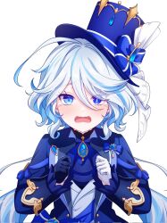 Rule 34 | 1girl, ascot, black gloves, blue bow, blue eyes, blue hair, blue hat, blue jacket, bow, furina (genshin impact), genshin impact, gloves, hair between eyes, hat, highres, jacket, jewelry, long hair, long sleeves, looking at viewer, multicolored hair, open mouth, pochimaru (marumaru wanwan), shirt, solo, symbol-shaped pupils, tears, top hat, vision (genshin impact), white background, white gloves, white hair