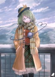 Rule 34 | 1girl, adapted costume, cloud, cloudy sky, coat, commentary request, day, green eyes, green hair, green skirt, hands in pockets, hat, hat ribbon, heart, heart of string, highres, komeiji koishi, lace, lace-trimmed skirt, lace trim, long sleeves, outdoors, pantyhose, plaid, plaid skirt, red sweater, ribbon, scarf, short hair, signature, skirt, sky, smile, solo, standing, sweater, third eye, touhou, you (shimizu)