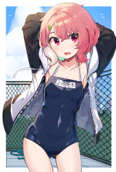 Rule 34 | 1girl, absurdres, alternate costume, arms behind head, arms up, black sleeves, blue one-piece swimsuit, blue sky, blush, border, breasts, chain-link fence, cleavage, cloud, covered navel, cowboy shot, day, fang, fence, hair ornament, hairclip, hatyuuruinohito, highres, hood, hoodie, hose, long sleeves, looking at viewer, mole, mole under eye, multicolored hair, nijisanji, old school swimsuit, one-piece swimsuit, open clothes, open hoodie, open mouth, outdoors, outside border, pink eyes, pink hair, sasaki saku, school swimsuit, short hair, simple bird, skin fang, sky, small breasts, solo, spaghetti strap, streaked hair, swimsuit, swimsuit under clothes, virtual youtuber, white border, white hair, white hoodie