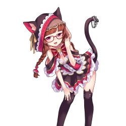 Rule 34 | 1girl, :d, adjusting hair, animal ear legwear, animal ears, animal hood, artist request, bare shoulders, bent over, black ribbon, black thighhighs, blunt bangs, blush, bow, bowtie, braid, breasts, brown hair, buttons, cat ear legwear, cat ears, cat hood, cat tail, cleavage, cleavage cutout, clothing cutout, crown, detached sleeves, dress, embarrassed, fake animal ears, frilled dress, frills, from side, glasses, hair over shoulder, hair tubes, hand on own thigh, hand up, holding, holding with tail, hood, lace, lace-trimmed dress, lace trim, legs apart, long hair, looking at viewer, manekohime wenzudei, official art, open mouth, parted bangs, pink eyes, pleated dress, prehensile tail, purple eyes, raised eyebrows, red-framed eyewear, red bow, red bowtie, ribbon, ribbon-trimmed dress, ribbon trim, see-through, short dress, skirt, small breasts, smile, solo, tail, tail ornament, thighhighs, transparent background, twin braids, uchi no hime-sama ga ichiban kawaii, wednesday (uchi no hime-sama), white background, yellow bow