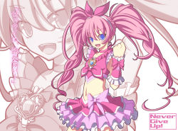Rule 34 | 10s, 1girl, 2011 sendai earthquake and tsunami, :d, blue eyes, clenched hand, cure melody, frills, houjou hibiki, long hair, magical girl, midriff, navel, open mouth, pink hair, precure, smile, solo, suite precure, translation request, twintails, yosugara shou, zoom layer