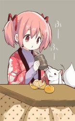 Rule 34 | 1girl, black outline, blanket, blowing, blowing steam, cheek press, commentary, creature, cup, facing viewer, flat chest, food, fruit, grey background, hair ribbon, hands up, hanten (clothes), high collar, highres, holding, holding cup, japanese clothes, kaname madoka, kotatsu, kyubey, leaf print, long sleeves, looking down, mahou shoujo madoka magica, mahou shoujo madoka magica (anime), mandarin orange, motion lines, no nose, orange (fruit), outline, pink eyes, pink hair, polka dot, puckered lips, purple sweater, red ribbon, ribbon, short twintails, simple background, solo, steam, sweater, symbol-only commentary, table, tareme, translation request, tsubaki (tatajd), twintails, under kotatsu, under table, unmoving pattern, yunomi