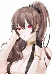 Rule 34 | 1girl, alternate breast size, azur lane, backless dress, backless outfit, bare shoulders, black dress, black gloves, breasts, brown hair, cleavage, closed mouth, dress, gloves, hair between eyes, half gloves, highres, jean bart (azur lane), jean bart (uninhibited bloodstone) (azur lane), large breasts, looking at viewer, neko (ganecooo), ponytail, red eyes, simple background, solo, upper body, white background