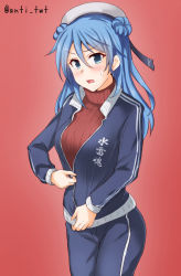 Rule 34 | 1girl, alternate costume, anti (untea9), blue eyes, blue hair, blush, breasts, clothes writing, commentary request, cowboy shot, double bun, hair bun, hat, heattech leotard, highres, jacket, kantai collection, large breasts, looking at viewer, pants, red background, red sweater, ribbed sweater, sailor hat, simple background, solo, sweater, track jacket, track pants, track suit, turtleneck, turtleneck sweater, twitter username, urakaze (kancolle), white hat, zipping