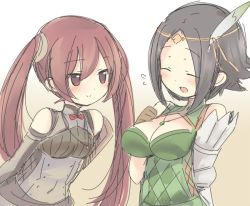 Rule 34 | 2girls, bad id, bad pixiv id, blush, breasts, brown gloves, brown hair, circlet, cleavage, closed eyes, elbow gloves, feather hair ornament, feathers, fire emblem, fire emblem awakening, flying sweatdrops, gloves, hair ornament, large breasts, long hair, multiple girls, nintendo, noire (fire emblem), open mouth, red eyes, severa (fire emblem), simple background, sketch, teu (navy), twintails