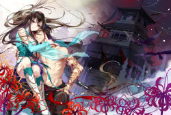 Rule 34 | 1boy, 1girl, architecture, bird, boots, brown eyes, carrying, east asian architecture, flower, knee boots, long hair, looking at viewer, low-tied long hair, original, outdoors, ponytail, red eyes, topless male, spider lily, standing, white footwear