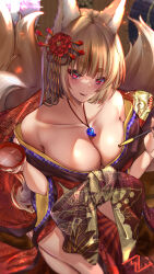 Rule 34 | 1girl, absurdres, alcohol, animal ears, bare shoulders, blonde hair, blush, breasts, cleavage, cup, flower, fox ears, fox tail, from above, hair flower, hair ornament, highres, holding, holding cup, holding smoking pipe, indoors, japanese clothes, jewelry, kimono, large breasts, licking lips, long hair, looking at viewer, multiple tails, necklace, no bra, nolmo, obi, off shoulder, oil-paper umbrella, original, red eyes, sakazuki, sake, sash, seiza, sitting, smile, smoking pipe, solo, tail, tongue, tongue out, umbrella