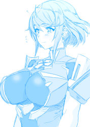 Rule 34 | 1girl, absurdres, armor, blue theme, blush, breasts, chest jewel, closed mouth, commission, earrings, highres, jewelry, large breasts, looking to the side, monochrome, nintendo, pauldrons, pyra (xenoblade), short hair, shoulder armor, sidelocks, skeb commission, smile, swept bangs, tiara, whoosaku, xenoblade chronicles (series), xenoblade chronicles 2
