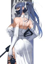Rule 34 | 1girl, assault rifle, backless dress, backless outfit, bare shoulders, black hair, black mask, blue archive, blue hair, blue halo, breasts, choker, colored inner hair, covered mouth, cowboy shot, dress, elbow gloves, ethan69 (anhuzart), gloves, grey eyes, gun, hair ribbon, halo, highres, knife sheath, large breasts, long hair, looking at viewer, mask, mouth mask, multicolored hair, official alternate costume, ponytail, ribbon, rifle, saori (blue archive), saori (dress) (blue archive), sheath, shoulder blades, side slit, sideways glance, solo, standing, strapless, strapless dress, two-tone hair, weapon, white choker, white dress, white gloves, white ribbon