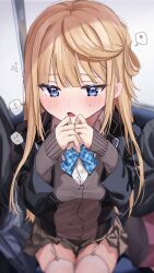 Rule 34 | 1girl, :o, aoba miu, black jacket, blazer, blonde hair, blue bow, blue bowtie, blue eyes, blush, bow, bowtie, breasts, bus interior, cardigan, chigusa minori, collared shirt, commentary request, dress shirt, fisheye, flustered, garter straps, grey cardigan, grey skirt, highres, jacket, kokoro iroduku koi ga shitai, long hair, long sleeves, looking at viewer, medium breasts, open clothes, open jacket, open mouth, own hands together, plaid, plaid bow, plaid bowtie, pleated skirt, school uniform, shirt, sidelocks, single hair ring, sitting, skirt, sleeves past wrists, solo focus, sweatdrop, thighhighs, translated, white shirt, white thighhighs