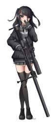 Rule 34 | 1girl, absurdres, black eyes, black footwear, black gloves, black hair, black jacket, black thighhighs, bow, closed mouth, collared shirt, commentary request, crossed legs, dress shirt, gloves, grey bow, grey shirt, grey skirt, gun, hand to own mouth, hand up, highres, holding, holding gun, holding weapon, ismuth (bibibibirite), jacket, long hair, long sleeves, open clothes, open jacket, original, plaid, plaid bow, plaid skirt, pleated skirt, puffy long sleeves, puffy sleeves, scope, shirt, shoes, simple background, skirt, sleeves past wrists, smile, solo, suppressor, thighhighs, two side up, unmoving pattern, weapon, weapon request, white background