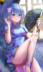 Rule 34 | 1girl, absurdres, alternate costume, blue dress, blue eyes, blue hair, blue nails, blush, bow, bow earrings, breasts, china dress, chinese clothes, commentary, dress, earrings, fingernails, flower, folding fan, gold trim, grin, hair between eyes, hair flower, hair ornament, hand fan, hands up, high heels, highres, holding, holding fan, hololive, hoshimachi suisei, jewelry, looking at viewer, medium breasts, medium hair, nail polish, on chair, panties, pink flower, revision, short sleeves, sitting, smile, solo, star (symbol), star in eye, symbol in eye, tassel, thighs, underwear, virtual youtuber, wajuniorbox, white footwear, white panties