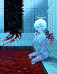 Rule 34 | blood, blood trail, blue theme, commentary, criss-cross halter, disembodied eye, distortion, eating, eyeball, fang, guro, hair over one eye, halo, halterneck, highres, horror (theme), indoors, intestines, organs, original, pool, red theme, shida 7, short shorts, shorts, sitting, slit pupils, soaking feet, symbol-only commentary, tile floor, tile wall, tiles, white eyes, white hair, white shorts, wings