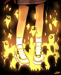 Rule 34 | 1girl, absurdres, fire, ghost, hayato noda, highres, holding, holding jewelry, holding necklace, jewelry, necklace, original, shoes, sneakers, socks, solo