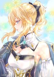 Rule 34 | 1girl, absurdres, bare shoulders, blonde hair, blue capelet, blue eyes, blue gloves, breasts, brooch, capelet, cleavage, commentary request, cross, cross earrings, detached collar, detached sleeves, earrings, genshin impact, gloves, highres, jean (genshin impact), jewelry, karakusa (ototsukiharu), long hair, long sleeves, medium breasts, parted lips, ponytail, shirt, sidelocks, solo, strapless, strapless shirt, upper body, white shirt