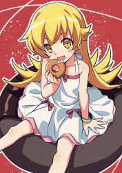 Rule 34 | 1girl, :d, asada hachi, banned artist, bare shoulders, blonde hair, blush stickers, bracelet, collarbone, commentary request, doughnut, dress, eating, fang, feet out of frame, food, food on face, hand up, highres, holding, holding food, jewelry, long hair, looking at viewer, monogatari (series), open mouth, oshino shinobu, outline, oversized food, oversized object, pink ribbon, red background, ribbon, sitting, skin fang, sleeveless, sleeveless dress, smile, solo, twitter username, watermark, white dress, white outline, yellow eyes