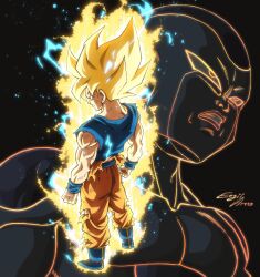 Rule 34 | 2boys, artist name, aura, biceps, black background, blonde hair, blue footwear, blue sash, blue shirt, blue wristband, boots, closed mouth, commentary, dougi, dragon ball, dragonball z, eegiiartto, electricity, energy, english commentary, facing away, frieza, frown, full body, glowing, green eyes, highres, looking away, male focus, multiple boys, muscular, muscular male, open mouth, profile, sash, scratches, shirt, signature, son goku, spiked hair, super saiyan, super saiyan 1, torn clothes, upper body, v-shaped eyebrows, wristband