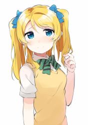 Rule 34 | 10s, 1girl, 3:, alternate hairstyle, ayase eli, bad id, bad pixiv id, blonde hair, blue eyes, bow, frown, hair bow, twirling hair, long hair, love live!, love live! school idol project, simple background, solo, sweater vest, tears, totoki86, twintails, vest