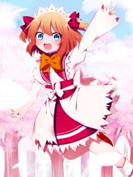 Rule 34 | 1girl, absurdres, arm up, blue eyes, blush, cherry blossoms, day, dress, fairy, fairy wings, fang, hair between eyes, headdress, highres, long sleeves, open mouth, orange hair, red dress, short hair, smile, solo, sunny milk, touhou, two side up, wings, you (noanoamoemoe)