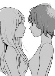 Rule 34 | 10s, 2girls, aldnoah.zero, asseylum vers allusia, breasts, close-up, eye contact, face-to-face, greyscale, hair down, long hair, looking at another, monochrome, multiple girls, nipples, nude, profile, rayet areash, shimura takako, short hair, simple background, small breasts, upper body, white background, yuri, yuro (yuroaoj)