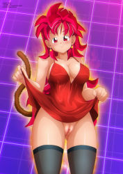 Rule 34 | 1girl, aura, blush, bottomless, breasts, clothes lift, commission, commissioner upload, dragon ball, dragon ball (object), dragon ball gt, dragon ball heroes, dragon ball super, dragon ball xenoverse, dragonball z, dress, dress lift, earrings, highres, jewelry, large breasts, long hair, messy hair, monkey tail, nipples visible through clothes, original, pussy, red eyes, red hair, saiyan, smile, super saiyan, super saiyan god, tail, thighhighs, zel-sama, zou (oc)