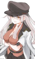 Rule 34 | 10eki (tenchou), 1girl, black gloves, breasts, facial scar, flat cap, gangut (kancolle), gangut dva (kancolle), gloves, grey hair, hair between eyes, hair ornament, hat, highres, jacket, kantai collection, large breasts, long hair, looking at viewer, military, military hat, military jacket, military uniform, multiple girls, naval uniform, one-hour drawing challenge, open clothes, open jacket, open mouth, peaked cap, red eyes, red shirt, scar, scar on cheek, scar on face, shirt, solo, uniform