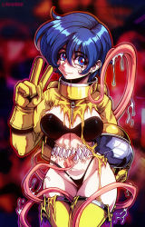 1girl, alien, among us, astronaut, bikini, bikini under clothes, black bikini, blue eyes, blue hair, blurry, blurry background, bodysuit, chest mouth, earrings, extra mouth, gloves, hair between eyes, headwear removed, helmet, helmet removed, highres, impostor (among us), jewelry, karosu maker, long tongue, looking at viewer, prehensile tongue, short hair, smile, solo, space helmet, spacesuit, strapless, strapless bikini, stud earrings, swimsuit, thighhighs, tongue, torn bodysuit, torn clothes, v, very long tongue, yellow (among us), yellow gloves, yellow legwear, zipper pull tab