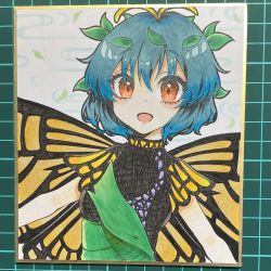 Rule 34 | 1girl, antennae, aqua hair, butterfly wings, dress, eternity larva, fairy, green dress, hair between eyes, highres, insect wings, leaf, leaf on head, multicolored clothes, multicolored dress, open mouth, orange eyes, photo (medium), shikishi, short hair, short sleeves, single strap, smile, solo, touhou, upper body, wings, yami nabe