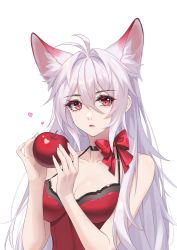 Rule 34 | 1girl, :o, absurdres, animal ear fluff, animal ears, antenna hair, apple, bow, breasts, choker, cleavage, collarbone, extra ears, food, fox ears, fox girl, fruit, hair intakes, heart, highres, holding, holding food, kirby d a, long hair, looking at viewer, red eyes, simple background, solo, white hair