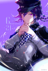 Rule 34 | 1boy, artist name, bad id, bad pixiv id, black footwear, black hair, black hat, blue flower, callarinc, cape, checkered clothes, checkered scarf, commentary, danganronpa (series), danganronpa v3: killing harmony, dated, english commentary, flower, happy birthday, hat, highres, jacket, long sleeves, looking at viewer, male focus, oma kokichi, purple eyes, purple hair, scarf, short hair, solo, straitjacket, twitter username, upper body, z-epto (chat-noir86)