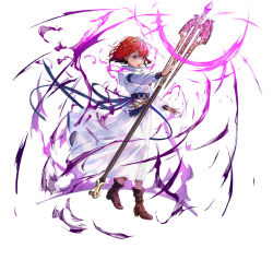 Rule 34 | aura, dark aura, dress, fire emblem, fire emblem: mystery of the emblem, fire emblem heroes, glowing, glowing weapon, holding, holding staff, looking at viewer, maria (fire emblem), mayo (becky2006), mind control, nintendo, official alternate costume, official art, purple eyes, red hair, short hair, solo, staff, tassel, tiara, weapon, white background, white dress