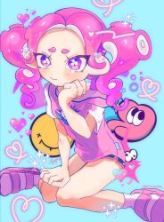 Rule 34 | 1girl, absurdres, black shorts, blue background, closed mouth, commentary request, eyelashes, heart, highres, medium hair, nintendo, octoling, octoling girl, octoling player character, payayo884, pink hair, purple eyes, short shorts, shorts, signature, single bare shoulder, single tear, sitting, solo, splatoon (series), tears, tentacle hair, thick eyebrows, twintails