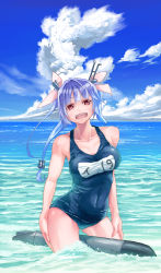 Rule 34 | 10s, 1girl, blue hair, blue sky, breasts, cleavage, cloud, collarbone, contrapposto, cowboy shot, day, hair ornament, hair ribbon, hand on own hip, highres, i-19 (kancolle), kantai collection, large breasts, looking at viewer, manmachine, n-mori, name tag, ocean, one-piece swimsuit, open mouth, ribbon, school swimsuit, sky, solo, standing, swimsuit, torpedo, tri tails, wading, water
