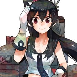Rule 34 | 10s, 1girl, bad id, bad twitter id, black hair, blouse, breasts, cannon, gloves, itomugi-kun, kantai collection, long hair, navel, ponytail, red eyes, salute, shirt, smile, solo, turret, white gloves, yahagi (kancolle)