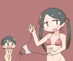 Rule 34 | 10s, 2girls, bikini, unworn bikini bottom, black eyes, black hair, blush, blush stickers, bottomless, clothes theft, covering privates, covering crotch, hair ribbon, inishie, kantai collection, looking at viewer, midriff, mikuma (kancolle), mogami (kancolle), multiple girls, navel, open mouth, out-of-frame censoring, red background, red bikini, ribbon, side-tie bikini bottom, simple background, swimsuit, swimsuit theft, tears, theft, twintails