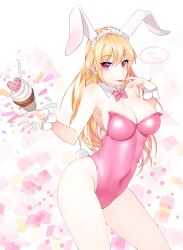 Rule 34 | 1girl, :p, abstract background, absurdres, animal ears, armpits, bare arms, bare shoulders, blonde hair, blush, bow, bowtie, breasts, cleavage, contrapposto, copyright request, covered navel, cowboy shot, cube, cupcake, detached collar, fake animal ears, fishnet pantyhose, fishnets, food, food on face, heart, highres, ia (ias1010), large breasts, legs apart, leotard, long hair, looking at viewer, maid headdress, pantyhose, pink bow, pink bowtie, pink eyes, pink leotard, playboy bunny, rabbit ears, rabbit tail, shiny clothes, shiny skin, skin tight, solo, speech bubble, spoken heart, standing, strapless, strapless leotard, tail, tongue, tongue out, triangle, tsurime, twitter username, very long hair, white pantyhose, wrist cuffs