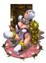 Rule 34 | 1girl, armor, blue eyes, breasts, cleavage, earrings, gauntlets, gloves, hair over one eye, highres, isabella valentine, jewelry, large breasts, lipstick, looking at viewer, makeup, namco, navel, open mouth, revealing clothes, short hair, solo, soul calibur, sword, thighhighs, weapon, whip sword, white hair, yasuda akira