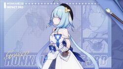 Rule 34 | 1girl, ahoge, arms behind back, bare shoulders, beret, black hat, blue background, blue flower, blue hair, blue theme, breasts, character name, chinese commentary, closed mouth, dress, flower, griseo, griseo (starry impression), hat, highres, honkai (series), honkai impact 3rd, logo, long hair, looking at viewer, official art, official wallpaper, purple eyes, simple background, small breasts, smile, solo, upper body, white dress