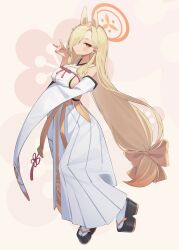 Rule 34 | 1girl, absurdres, animal ears, asymmetrical bangs, blonde hair, blue archive, blush, bow, breasts, commentary request, detached sleeves, embarrassed, extra ears, eyeshadow, fox ears, fox shadow puppet, full body, hair bow, hair over one eye, hairband, hakama, hakama skirt, halo, highres, hikimayu, japanese clothes, kaho (blue archive), kimono, large breasts, long bangs, long hair, long sleeves, looking at viewer, low-tied long hair, makeup, mole, mole under mouth, orange hairband, pink eyeshadow, platform clogs, pleated skirt, short eyebrows, sideboob, skirt, sl10 d, sleeveless, sleeveless kimono, solo, thick eyebrows, very long hair, white hakama, white kimono, white skirt, white sleeves, wide sleeves, yellow eyes, yellow hairband