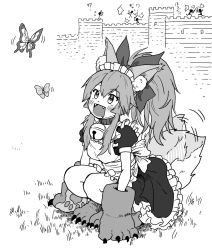Rule 34 | 1girl, 5others, all fours, animal ear fluff, animal ears, animal feet, animal hands, apron, bell, blush, bow, bow (weapon), breasts, bug, butterfly, claws, collar, commentary request, drooling, fangs, fate/grand order, fate (series), fighting, fortress, fox ears, fox girl, fox tail, frills, full body, grass, greyscale, hair bow, highres, insect, jingle bell, kusama takato, long hair, looking at another, maid apron, maid headdress, monochrome, multiple others, neck bell, open mouth, ponytail, short sleeves, sidelocks, solo focus, squatting, sword, tail, tail wagging, tamamo (fate), tamamo cat (fate), tamamo cat (second ascension) (fate), tongue, weapon