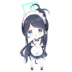 Rule 34 | 1girl, absurdly long hair, apron, aris (blue archive), aris (maid) (blue archive), black dress, black footwear, black hair, blue archive, blue eyes, chibi, dress, frilled apron, frills, full body, green halo, halo, highres, long hair, looking at viewer, maid, maid apron, maid headdress, official alternate costume, pantyhose, renew vivi, shoes, short sleeves, simple background, solo, very long hair, white apron, white background, white pantyhose