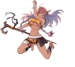 Rule 34 | 1girl, ahoge, ankle wrap, ark order, artist request, barefoot, bracelet, braid, breasts, cane, crop top, dark-skinned female, dark skin, earrings, facial mark, full body, grin, holding, holding cane, jewelry, jumping, kuafu (ark order), large breasts, long hair, looking at viewer, multicolored hair, navel, official art, orange shirt, orange skirt, shirt, side braid, sidelocks, skirt, sleeveless, sleeveless shirt, smile, solo, stomach tattoo, tachi-e, tattoo, thigh strap, transparent background, tribal, twin braids, underboob, yellow eyes