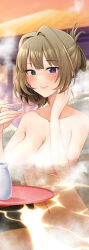 Rule 34 | 1girl, bath, bathing, blue eyes, blunt bangs, blush, breasts, brown hair, choko (cup), cleavage, closed mouth, collarbone, commentary request, completely nude, cup, folded ponytail, green eyes, hand up, heterochromia, holding, holding cup, idolmaster, idolmaster cinderella girls, looking at viewer, medium breasts, mole, mole under eye, navel, nude, onsen, outdoors, paid reward available, partially submerged, shirakaba masara, short hair, smile, solo, steam, takagaki kaede, tokkuri, tray, water